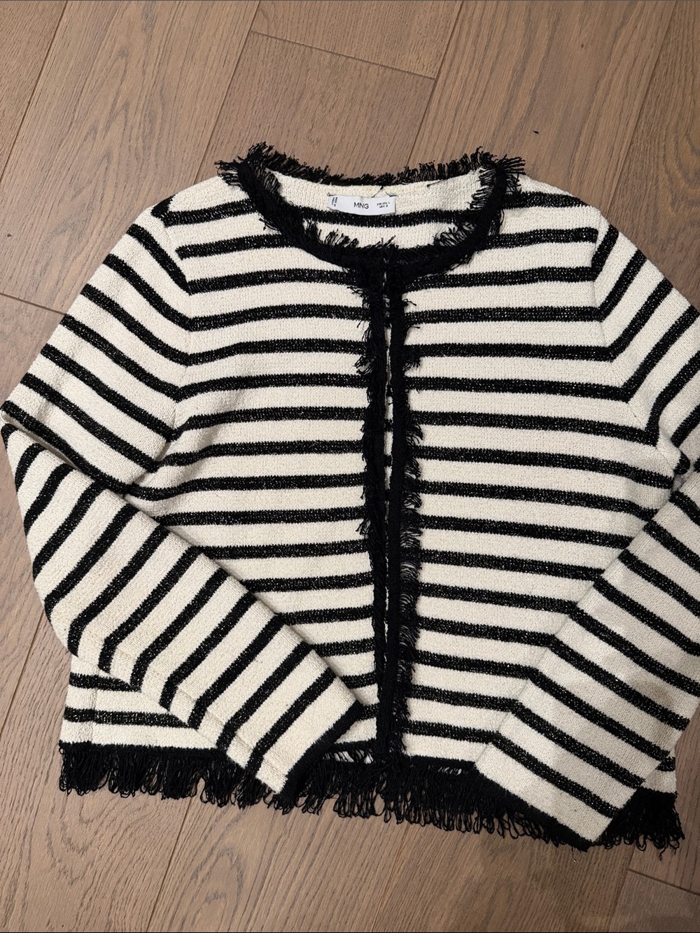Mango Striped Fringe Trim Women's Sweater Jacket - Black & White szL